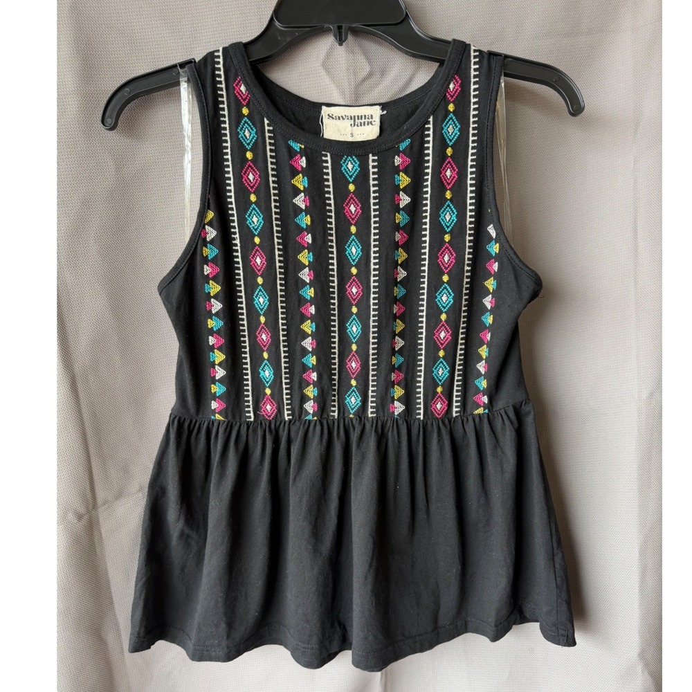 Savanna Jane 100% Cotton Peplum Tank Top Black Embroidered Geometric Women Small